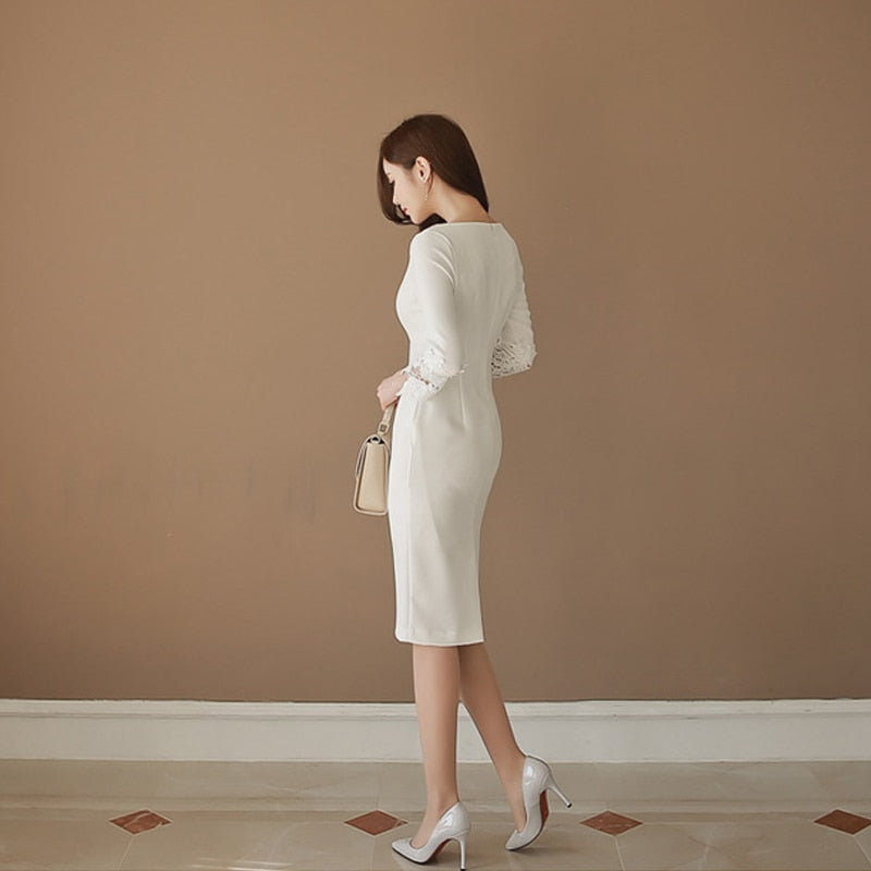Thick Warm Autumn Winter Lace Sleeve White Slim Sheath Dress