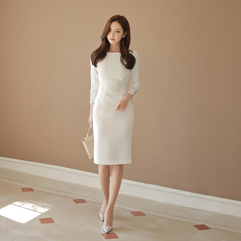 Thick Warm Autumn Winter Lace Sleeve White Slim Sheath Dress