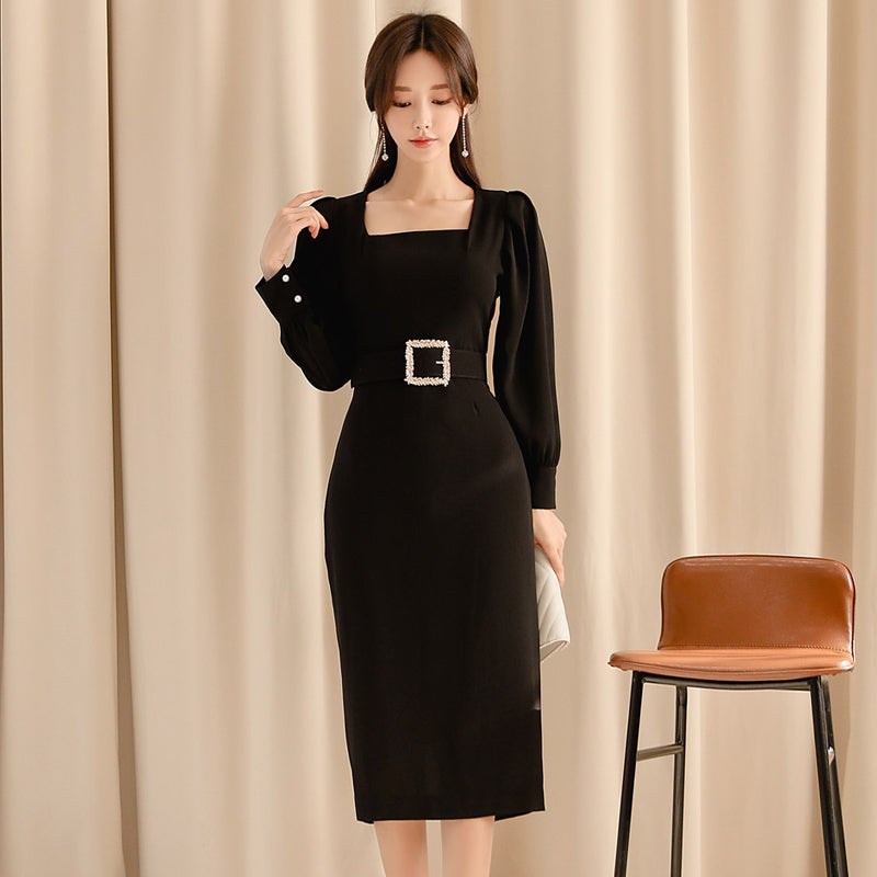 Vintage Black Sashes Long Sleeve Bodycon Dress