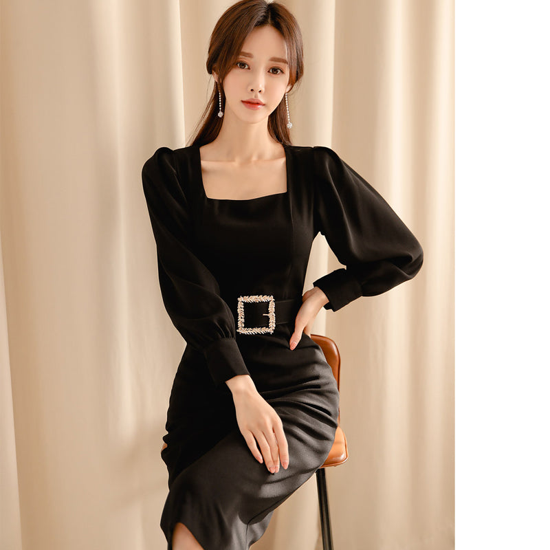 Vintage Black Sashes Long Sleeve Bodycon Dress