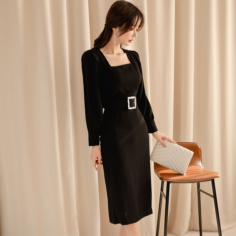 Vintage Black Sashes Long Sleeve Bodycon Dress