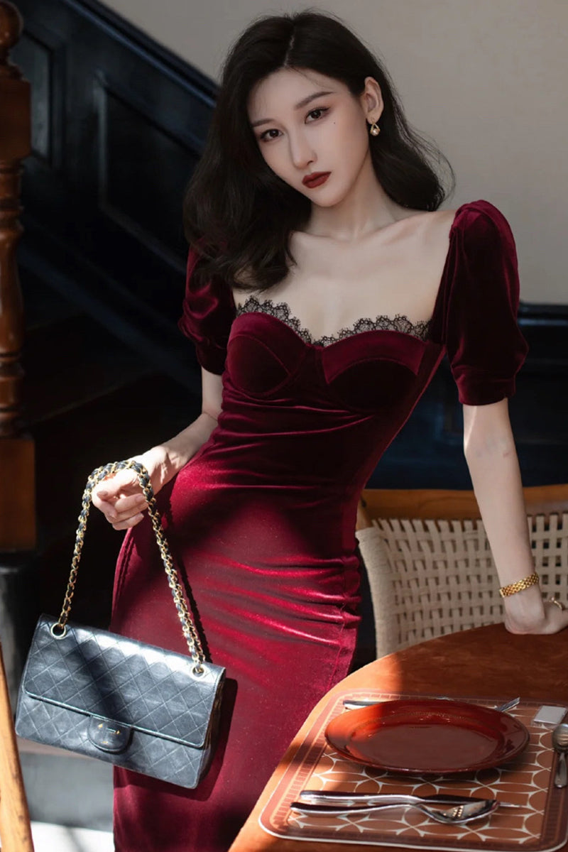 Vintage Elegant Velvet Red Color Bodycon Dress