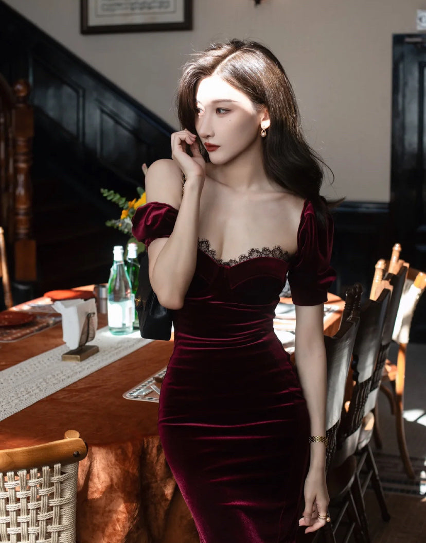 Vintage Elegant Velvet Red Color Bodycon Dress