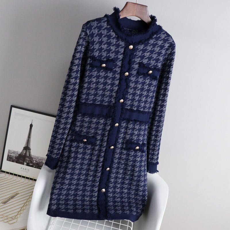 Houndstooth Button Decor A Line Knitwear Dress