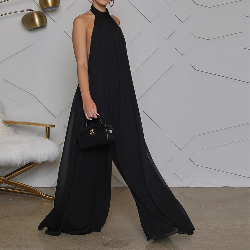 Sexy Oversize Open Back Sleeveless Chiffon Pleated Wide Leg Jumpsuit