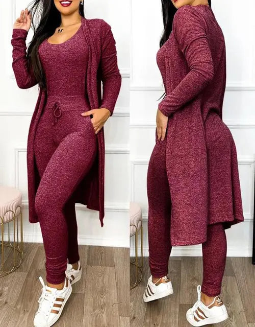 Drawstring Pocket Design U-Neck Sleeveless Skinny Jumpsuit & Long Sleeve Coat Set