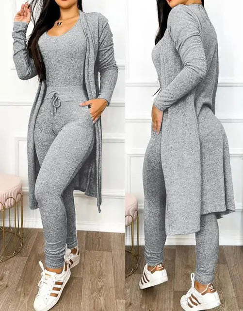 Drawstring Pocket Design U-Neck Sleeveless Skinny Jumpsuit & Long Sleeve Coat Set