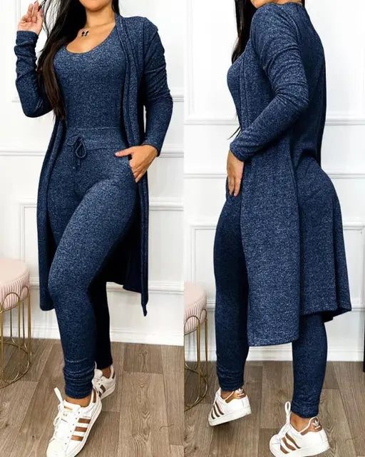 Drawstring Pocket Design U-Neck Sleeveless Skinny Jumpsuit & Long Sleeve Coat Set