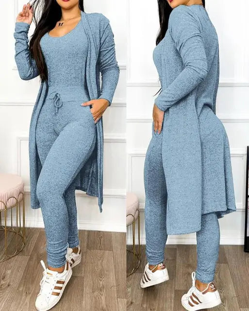 Drawstring Pocket Design U-Neck Sleeveless Skinny Jumpsuit & Long Sleeve Coat Set