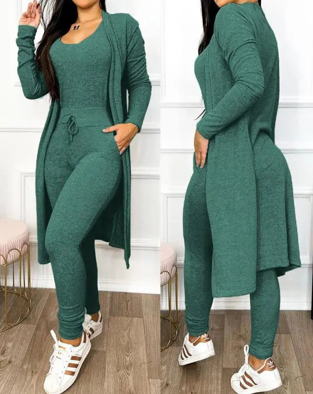 Drawstring Pocket Design U-Neck Sleeveless Skinny Jumpsuit & Long Sleeve Coat Set