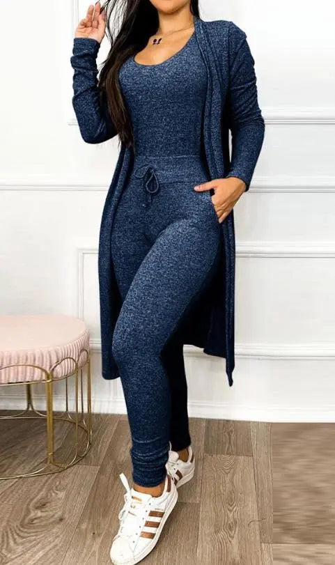 Drawstring Pocket Design U-Neck Sleeveless Skinny Jumpsuit & Long Sleeve Coat Set