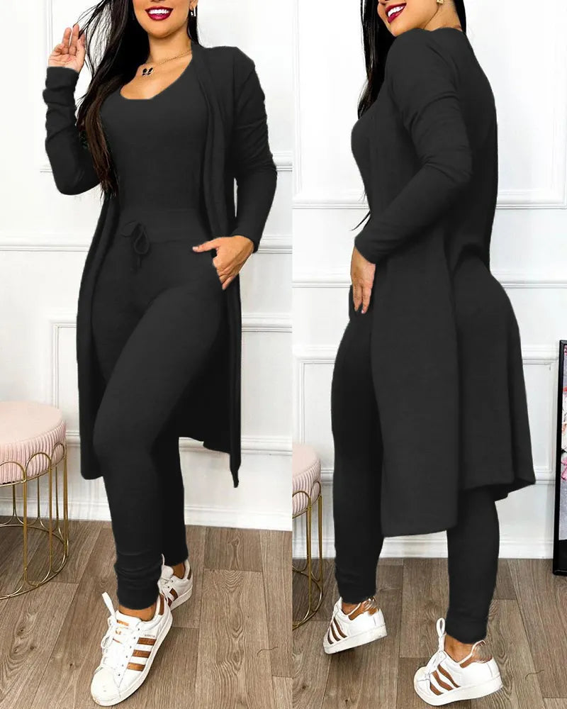 Drawstring Pocket Design U-Neck Sleeveless Skinny Jumpsuit & Long Sleeve Coat Set