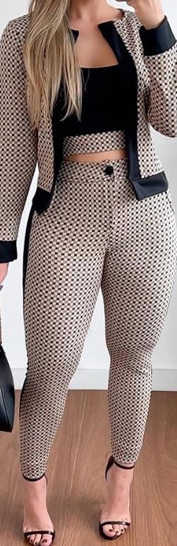 Spring Fashion Plaid Print Contrast Paneled Open Front Long Sleeve Coat & Elegant Skinny Pants Set
