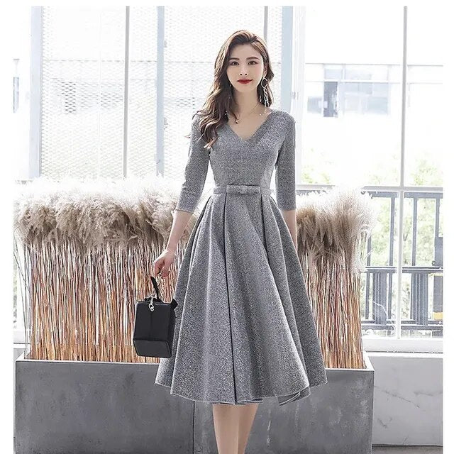 V-Neck Spring Fall Three Quarter Bodycon Dress