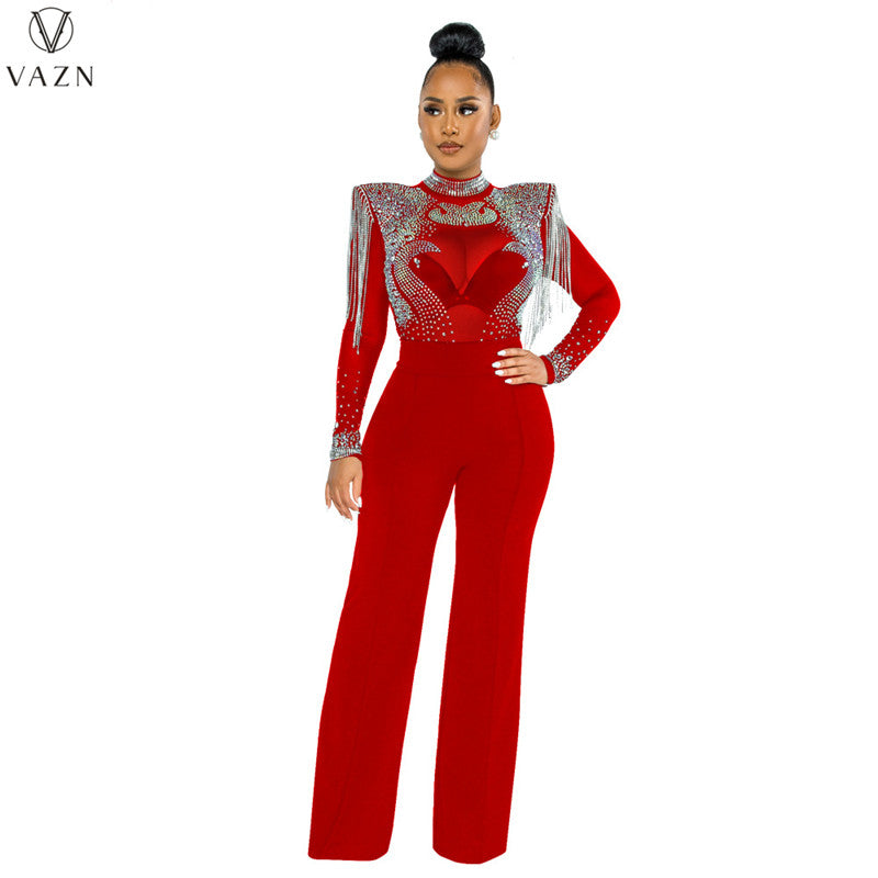 Long Sleeve High Collar Appliques Zipper Jumpsuits and Dresses