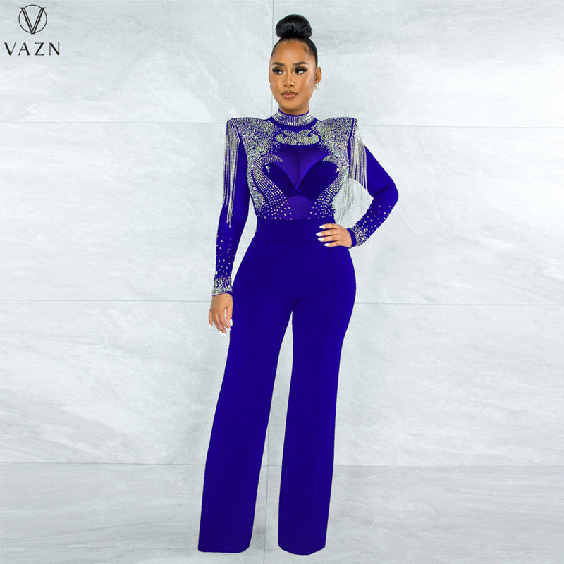 Long Sleeve High Collar Appliques Zipper Jumpsuits and Dresses