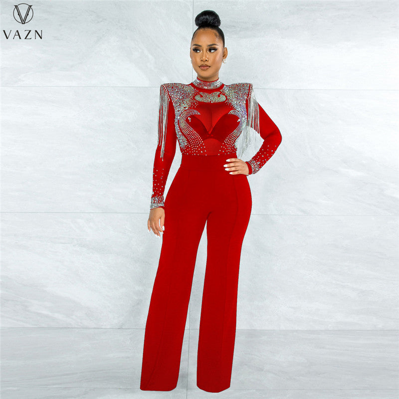 Long Sleeve High Collar Appliques Zipper Jumpsuits and Dresses