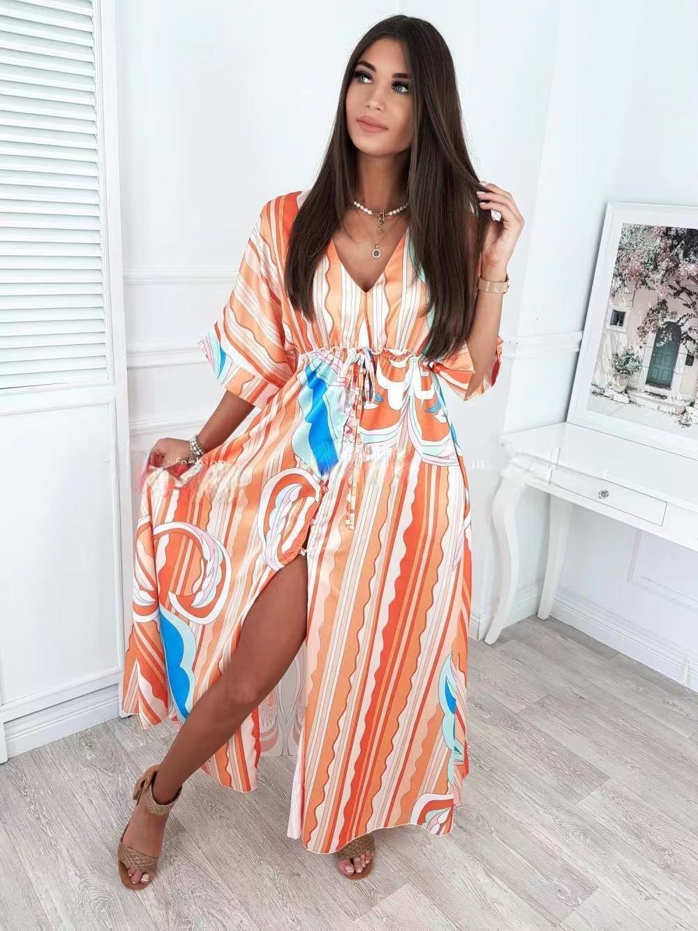V-Neck Full Sleeve Women High Waist A-line Maxi Dress
