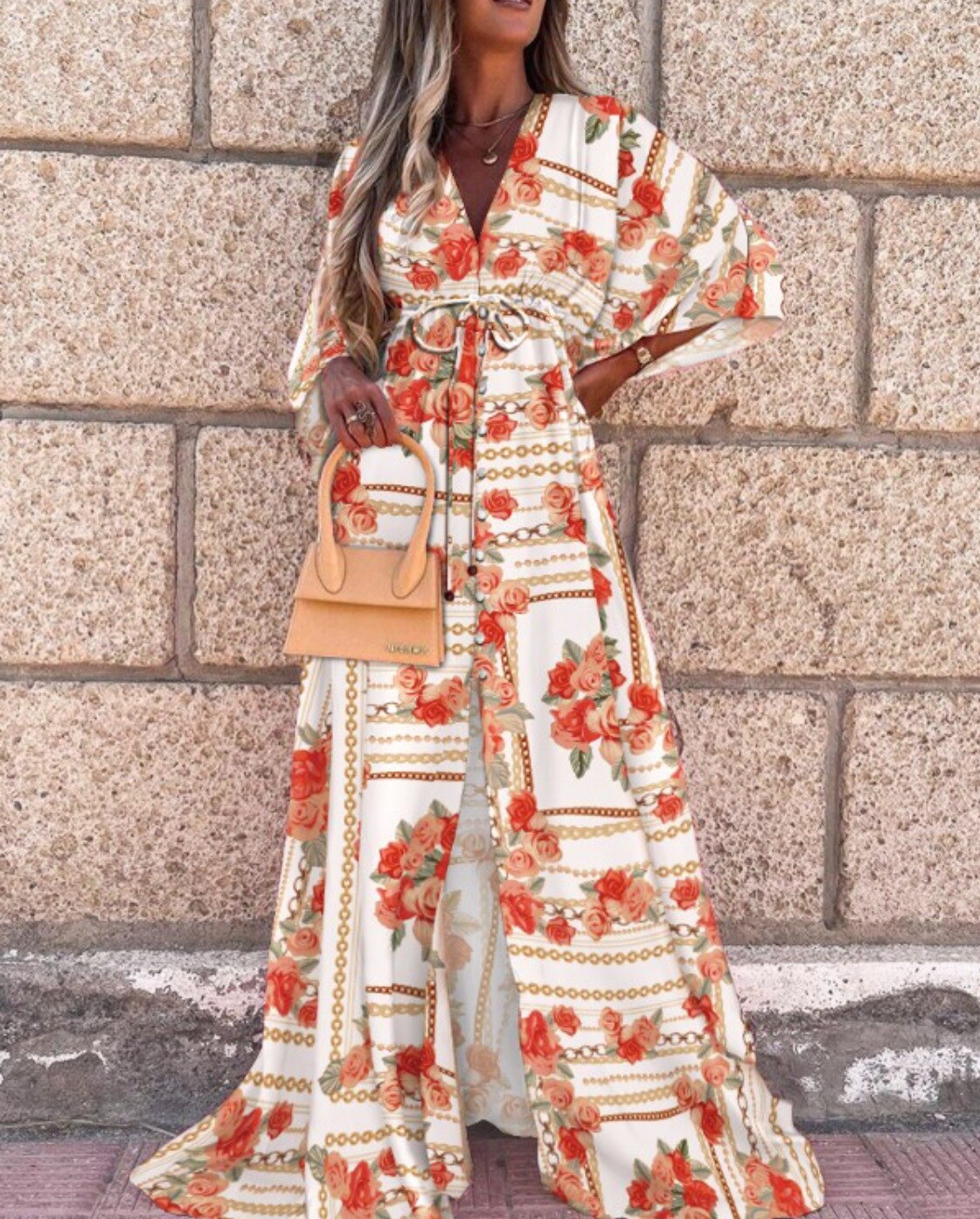 V-Neck Full Sleeve Women High Waist A-line Maxi Dress