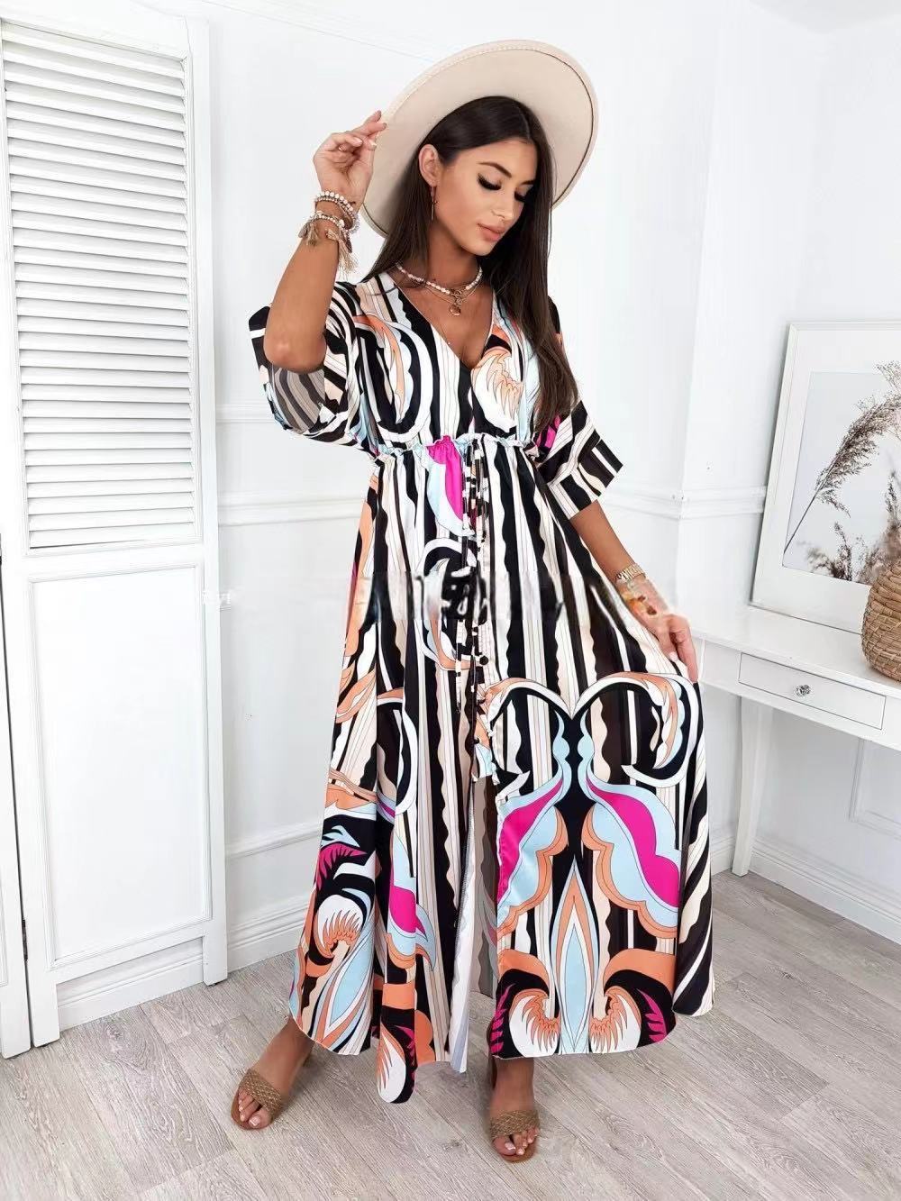 V-Neck Full Sleeve Women High Waist A-line Maxi Dress