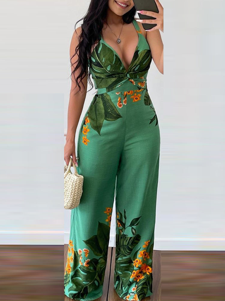 One Piece Summer Over Size V-Neck Tropical Floral Print Twist Design Wide Leg Jumpsuit