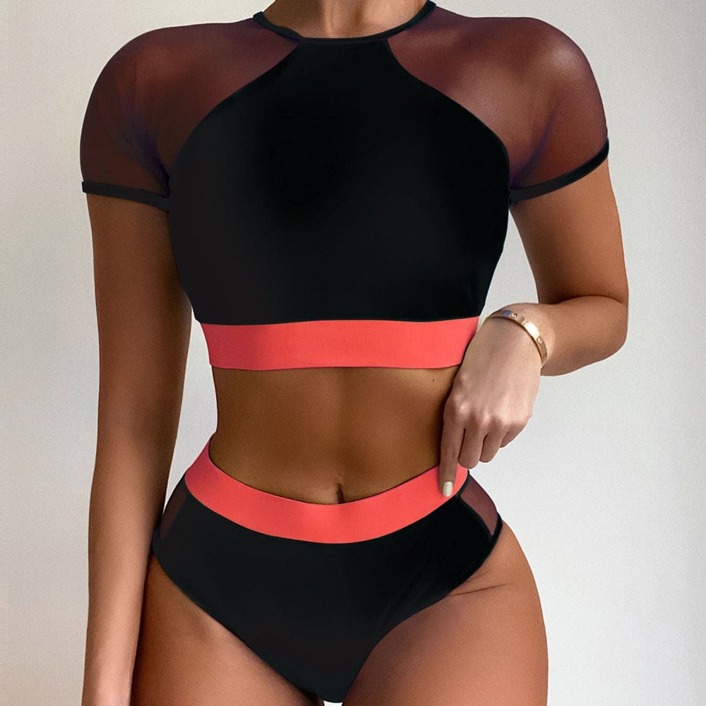 High waist Mesh Hollow Bikini