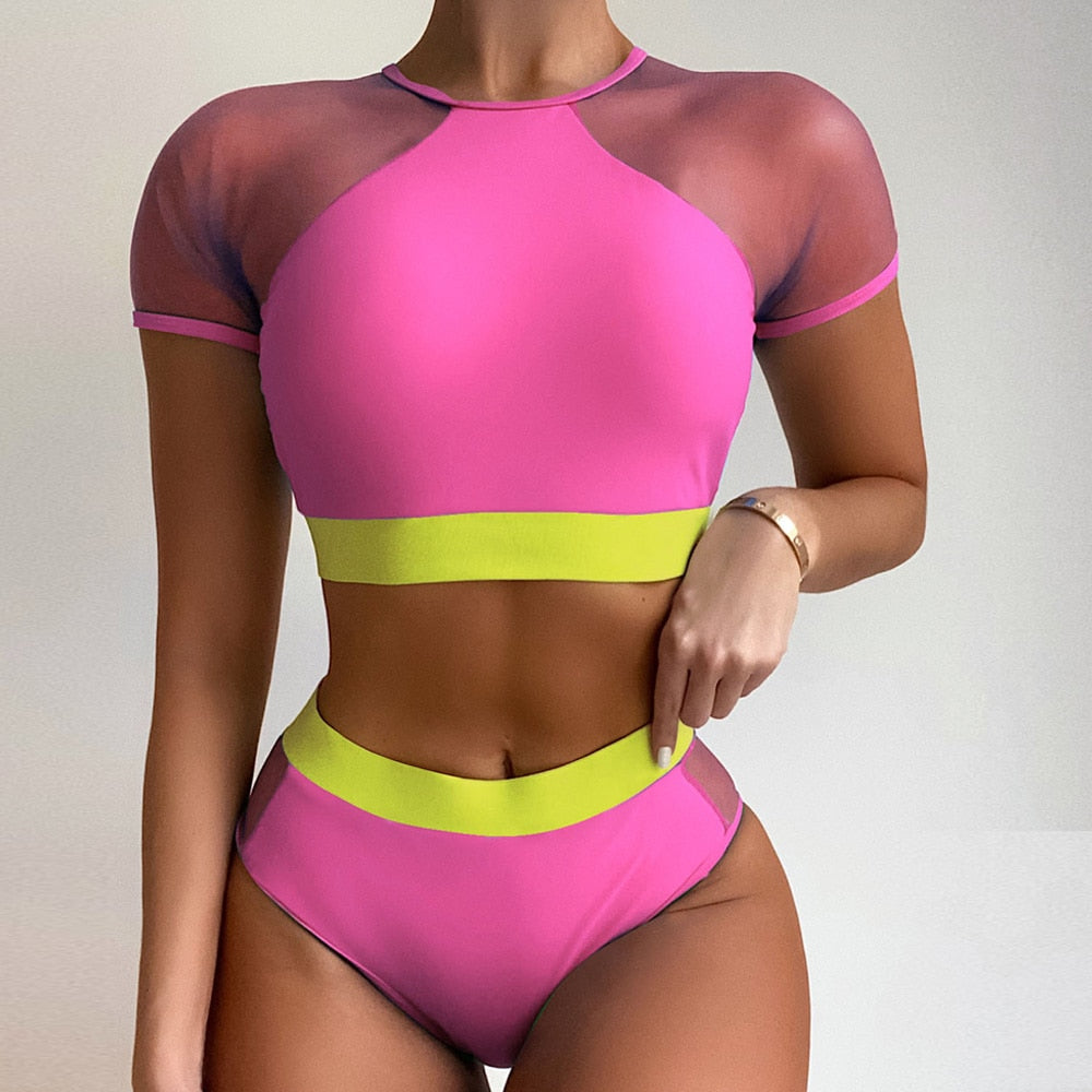 High waist Mesh Hollow Bikini