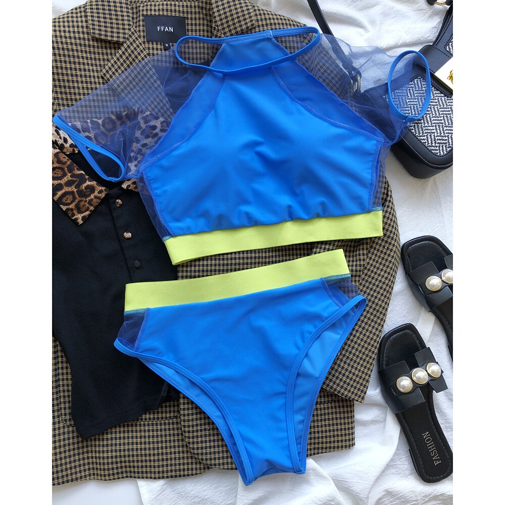 High waist Mesh Hollow Bikini