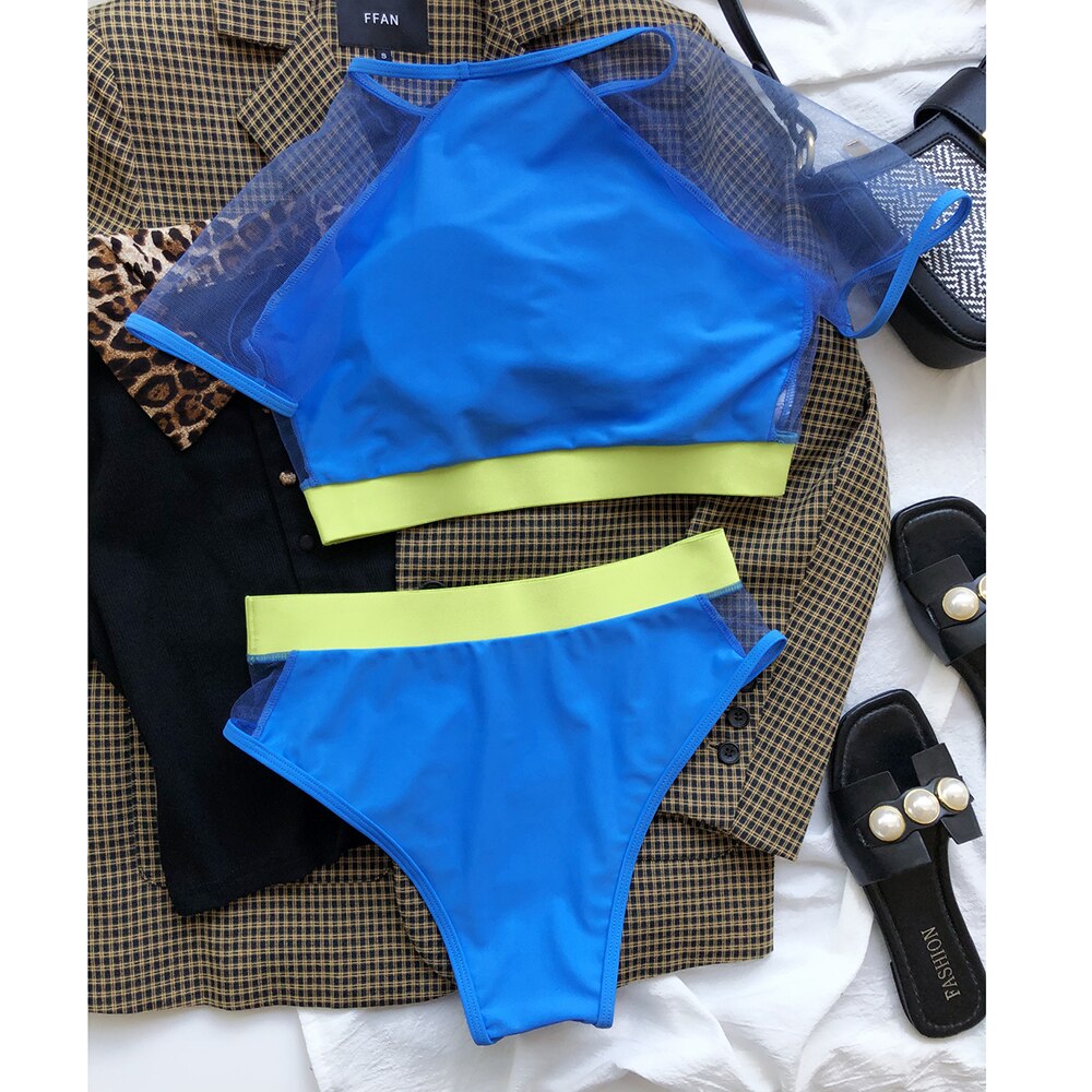 High waist Mesh Hollow Bikini