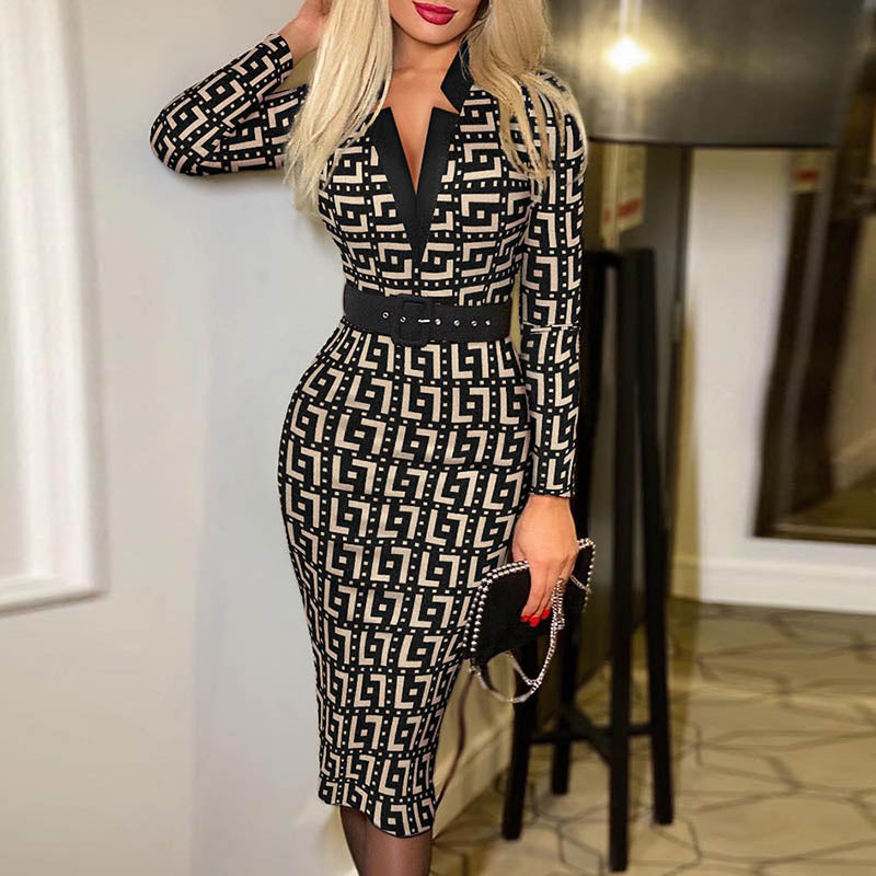 Spring Autumn Vintage Pattern Print  V-neck Long Sleeve Bodycon Dress