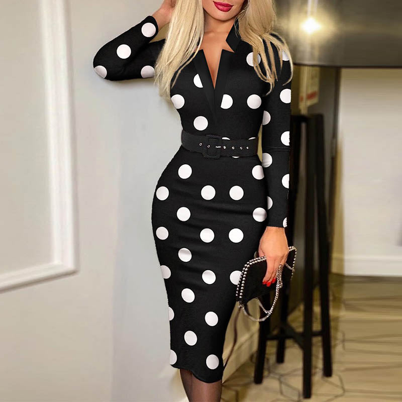 Spring Autumn Vintage Pattern Print  V-neck Long Sleeve Bodycon Dress
