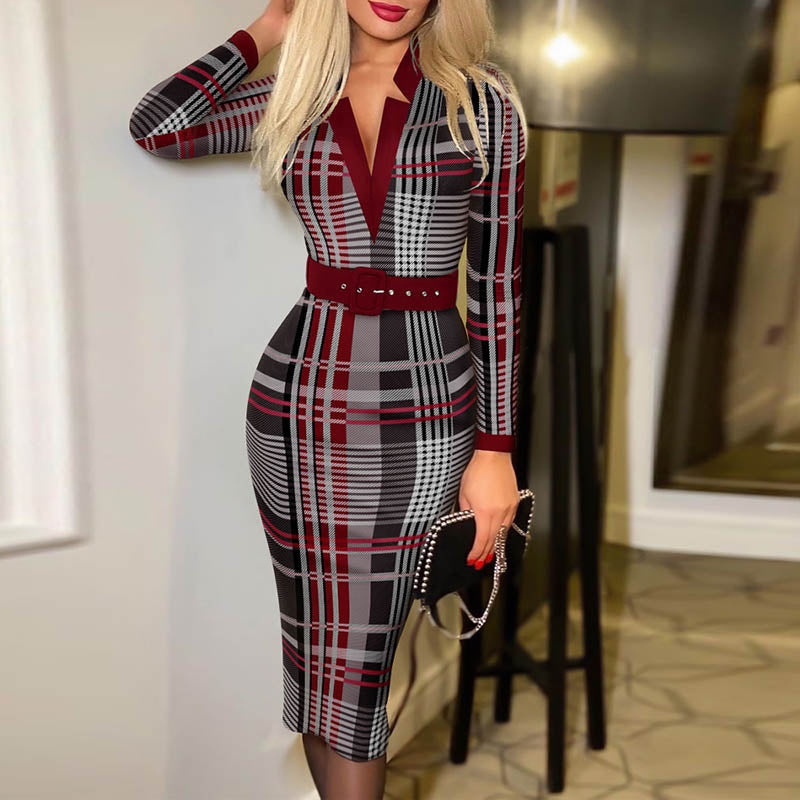 Spring Autumn Vintage Pattern Print  V-neck Long Sleeve Bodycon Dress