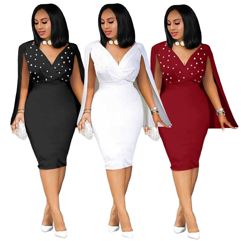 Summer Sexy V Neck Cloak Sleeve Beading Sheath Midi  Dress
