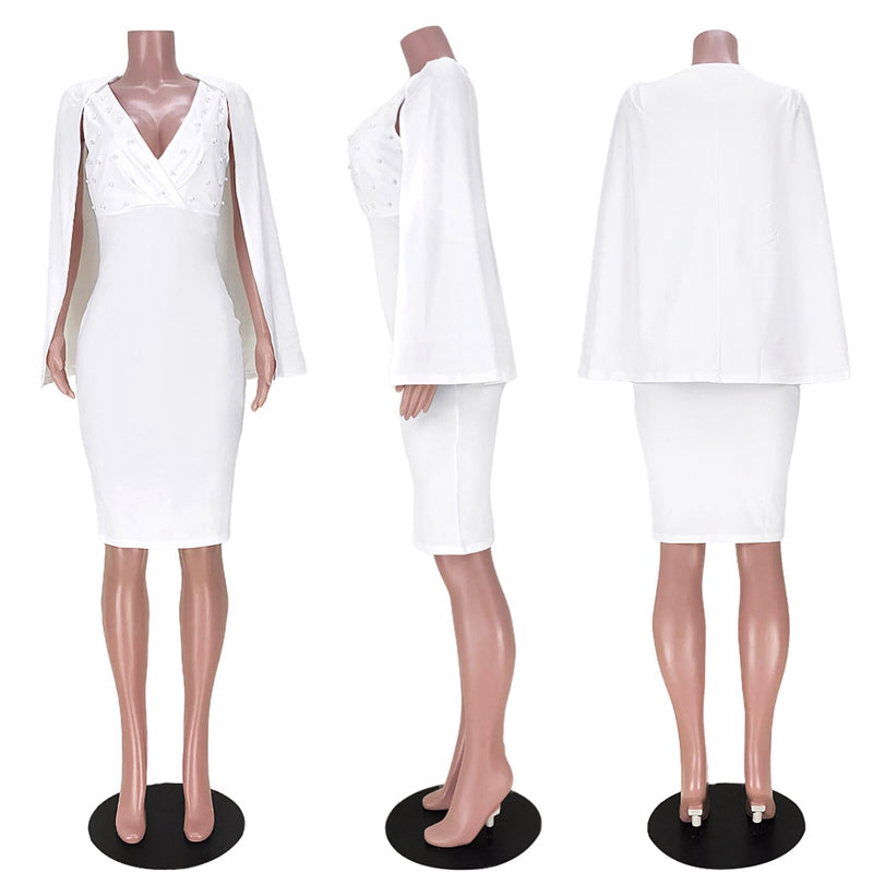 Summer Sexy V Neck Cloak Sleeve Beading Sheath Midi  Dress