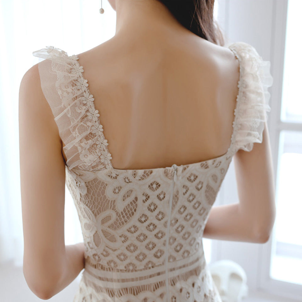 Summer High Waist Tight Sleeveless Decorated With Ruffles Sexy Club Lace Dress