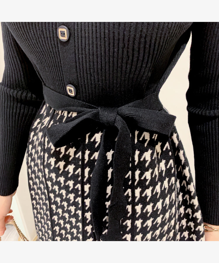 Turtlenck Sweater Knit Spliced Plaid High Waist A-line Dress