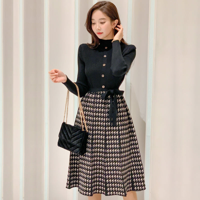Turtlenck Sweater Knit Spliced Plaid High Waist A-line Dress
