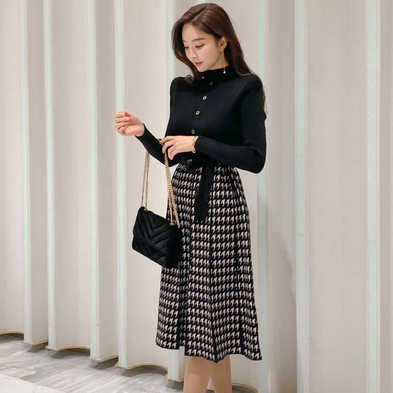 Turtlenck Sweater Knit Spliced Plaid High Waist A-line Dress