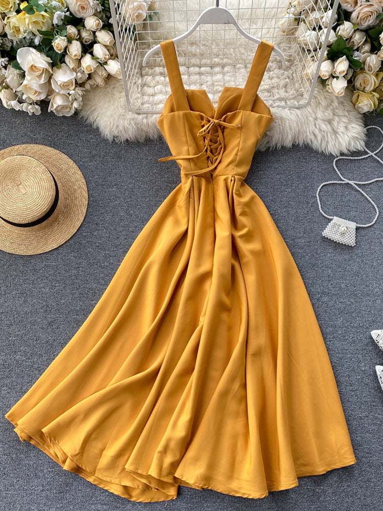 V Neck Tank Backless Spaghetti Strap Maxi Dress