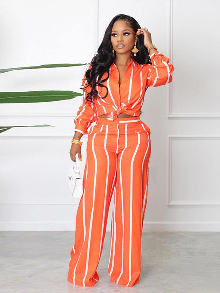 Lace Up Stripe Long Sleeve Button Up Trousers Set