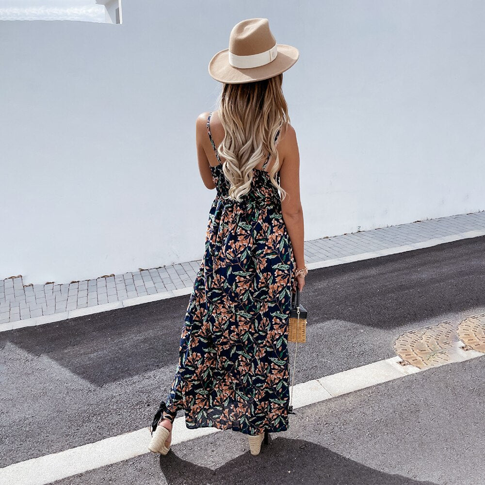 Casual Print Spaghetti Backless Maxi Dress