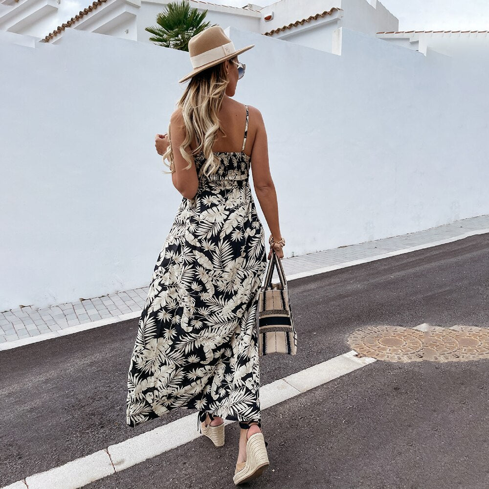 Casual Print Spaghetti Backless Maxi Dress