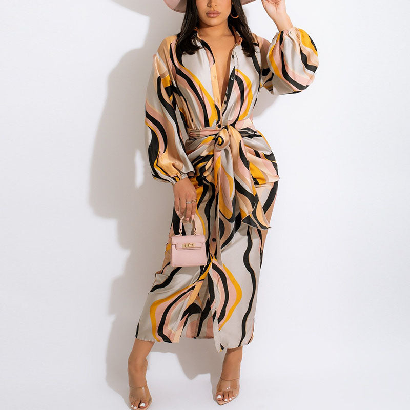 Abstract Wave Printed Button Down Shirt Dress