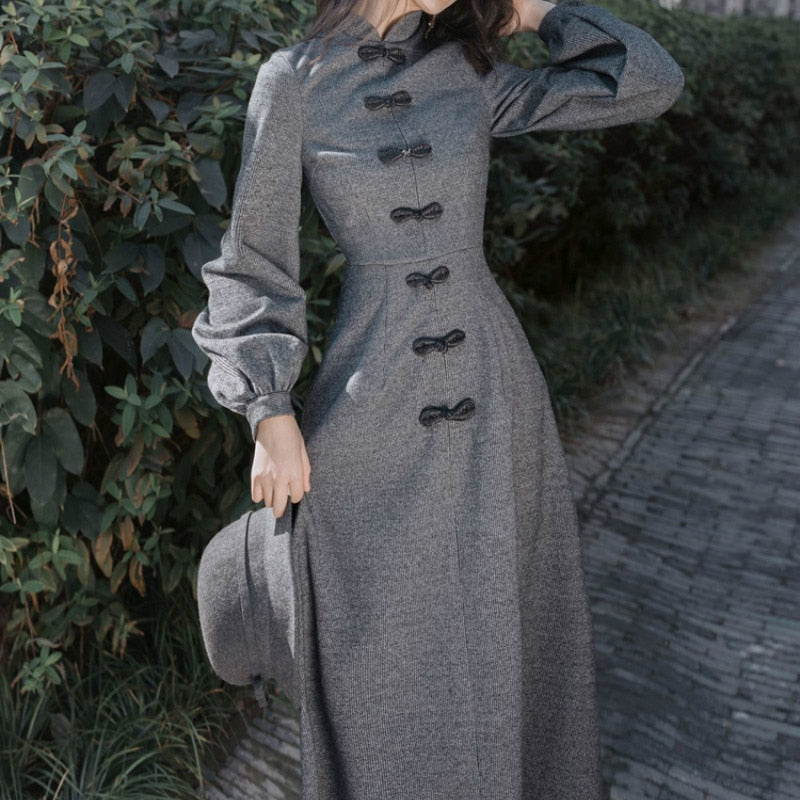 Autumn Spring Lantern Sleeve Slim Maxi Dress