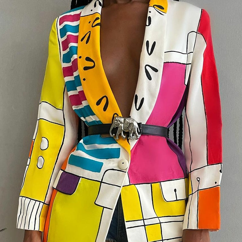 Long Sleeve Abstract Graffiti Color Blazer (No Belt )