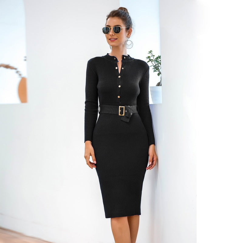 Knitted Autumn Winter Pearl Button Long Sleeve Sweater Dress