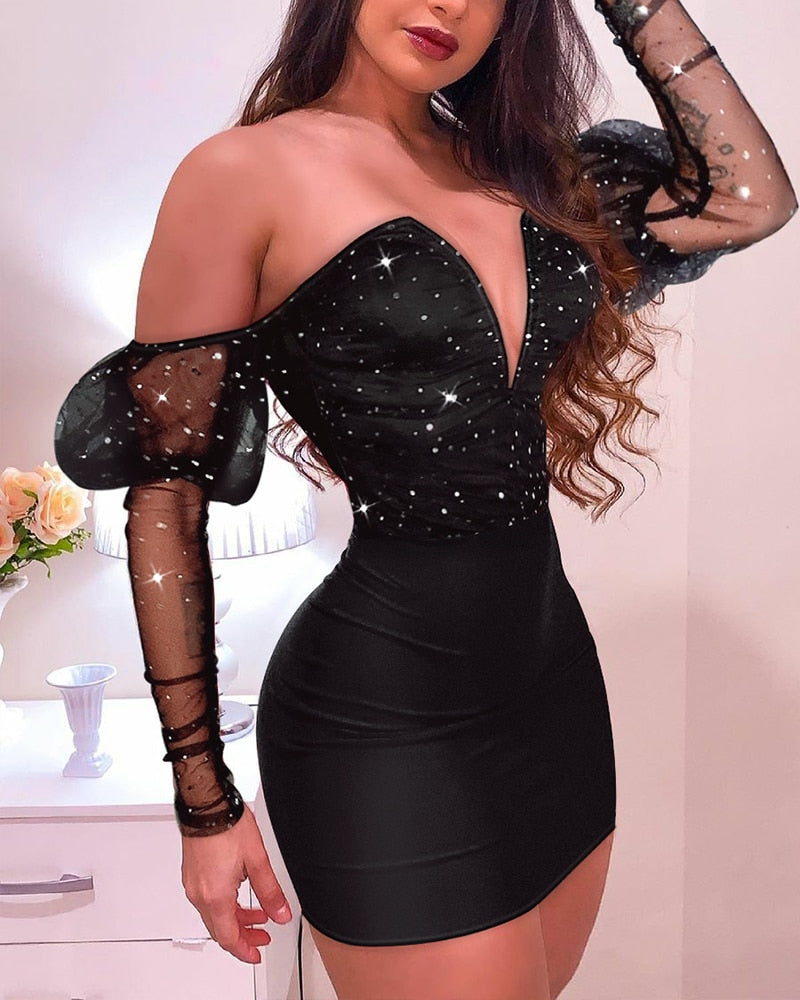 Sexy Off Shoulder V neck Night Club Mini Dress