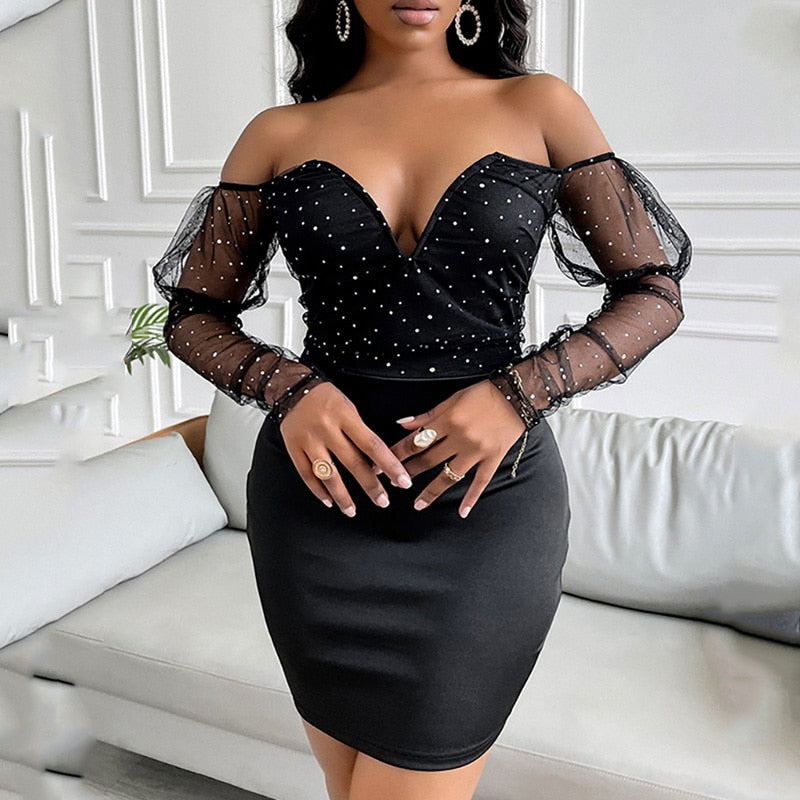 Sexy Off Shoulder V neck Night Club Mini Dress