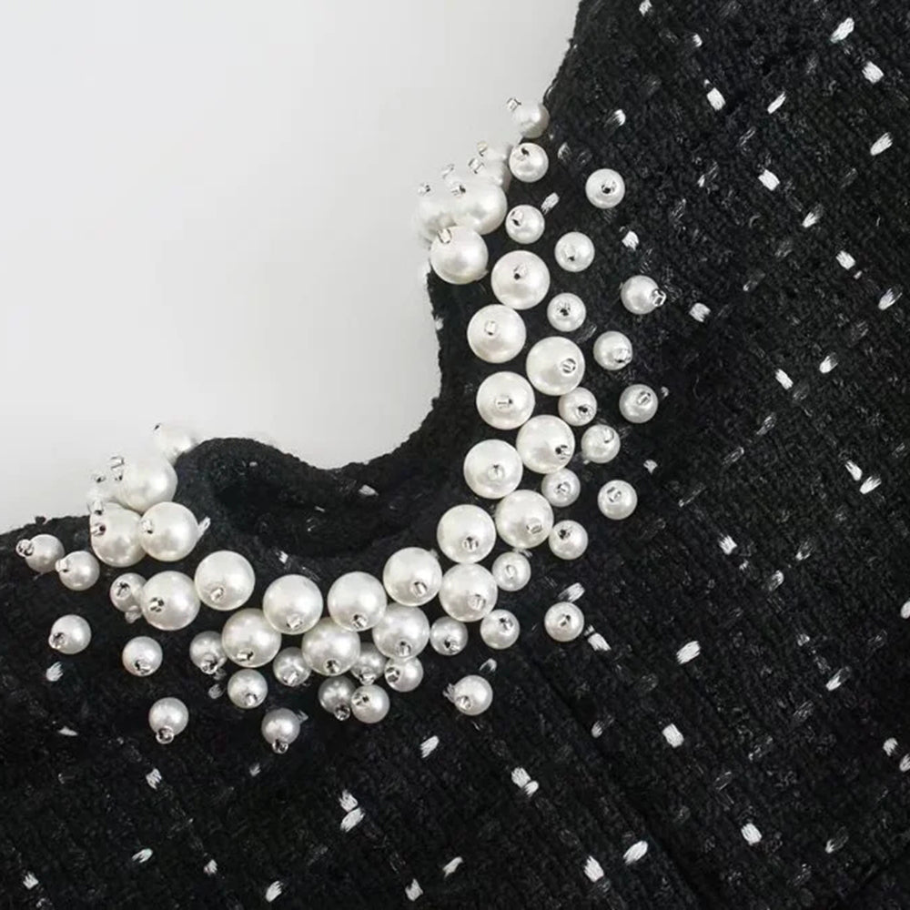 Camisole Pearl Decoration Black Plaid Hollow Out Dress