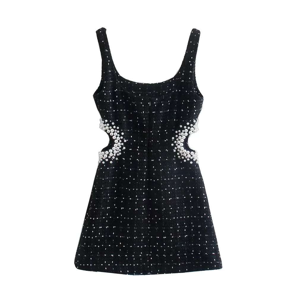 Camisole Pearl Decoration Black Plaid Hollow Out Dress